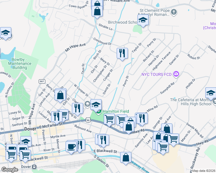map of restaurants, bars, coffee shops, grocery stores, and more near 18 David Street in Dover