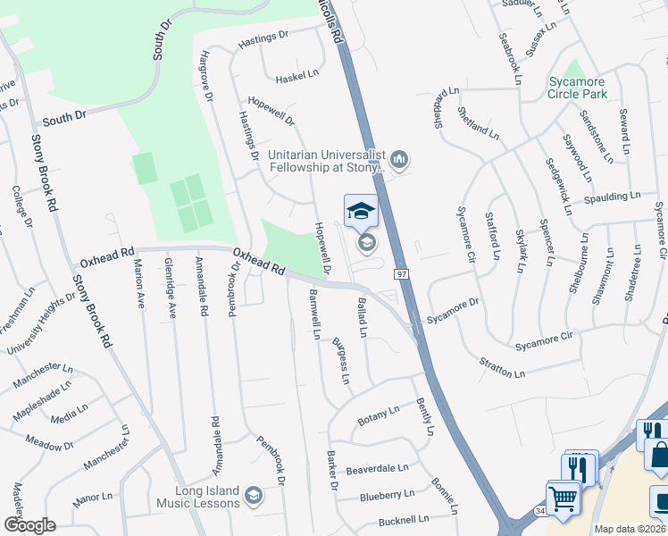 map of restaurants, bars, coffee shops, grocery stores, and more near 3 Hopewell Drive in Stony Brook
