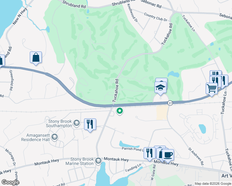 map of restaurants, bars, coffee shops, grocery stores, and more near 63 Tuckahoe Road in Southampton