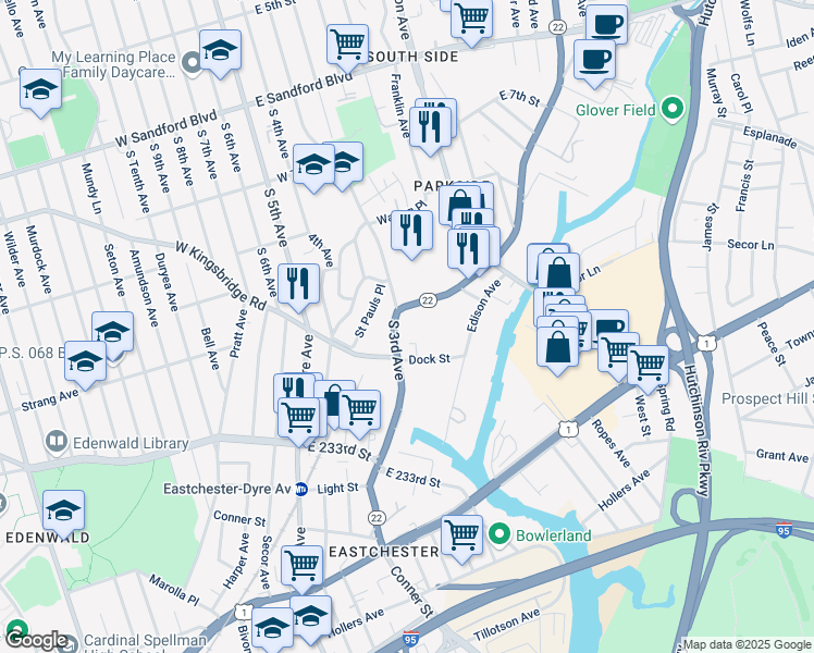 map of restaurants, bars, coffee shops, grocery stores, and more near 745 South 3rd Avenue in Mount Vernon