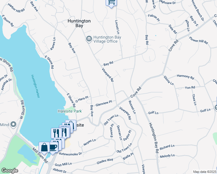 map of restaurants, bars, coffee shops, grocery stores, and more near 189 Vineyard Road in Halesite