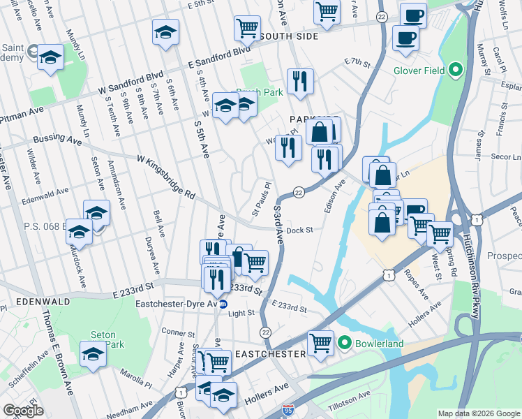 map of restaurants, bars, coffee shops, grocery stores, and more near 33 Saint Pauls Place in Mount Vernon