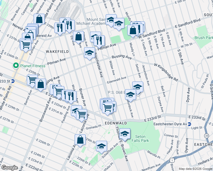 map of restaurants, bars, coffee shops, grocery stores, and more near 4100 Baychester Avenue in Bronx