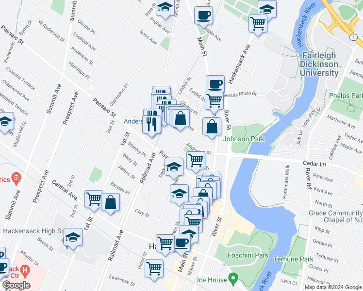 map of restaurants, bars, coffee shops, grocery stores, and more near 445 Park Street in Hackensack
