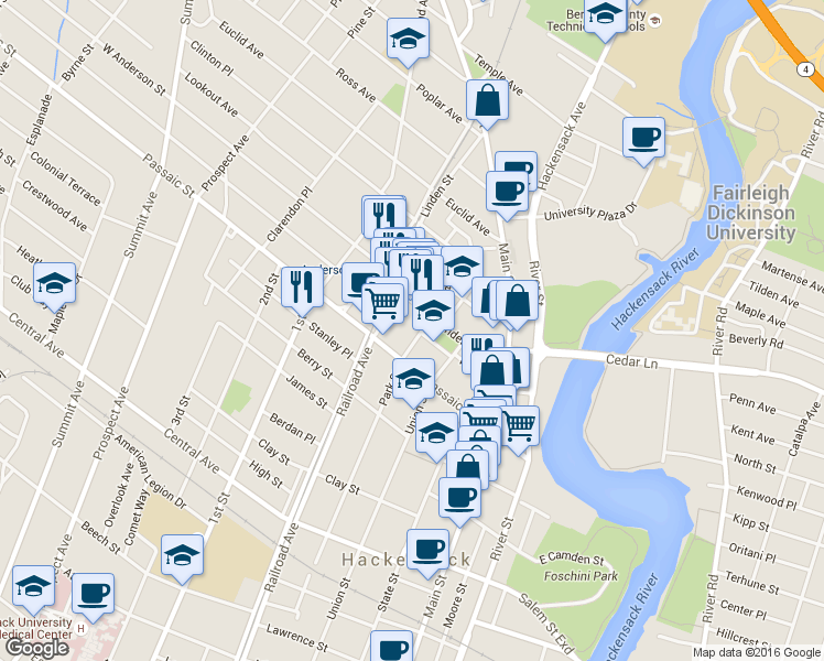 map of restaurants, bars, coffee shops, grocery stores, and more near 445 Park Street in Hackensack