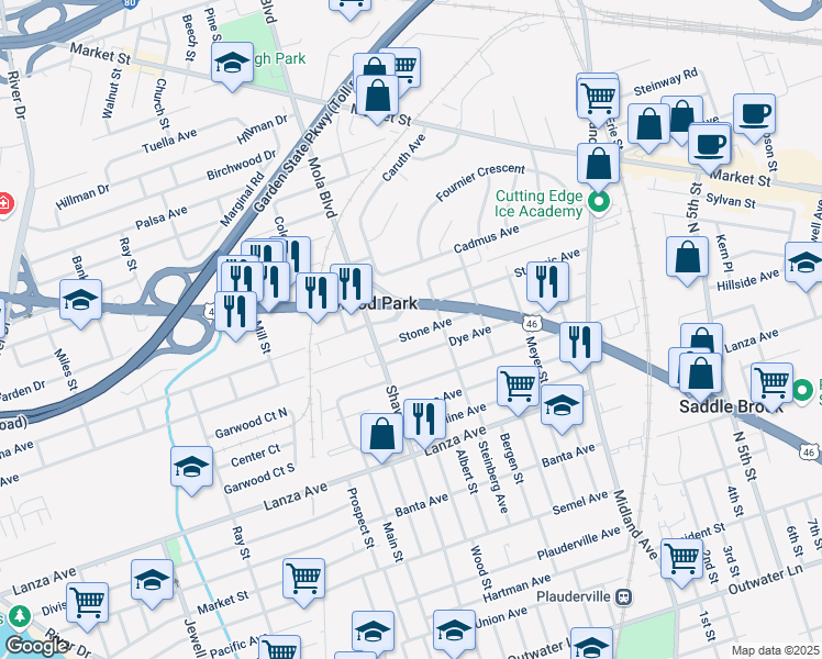 map of restaurants, bars, coffee shops, grocery stores, and more near 41 Stone Avenue in Elmwood Park