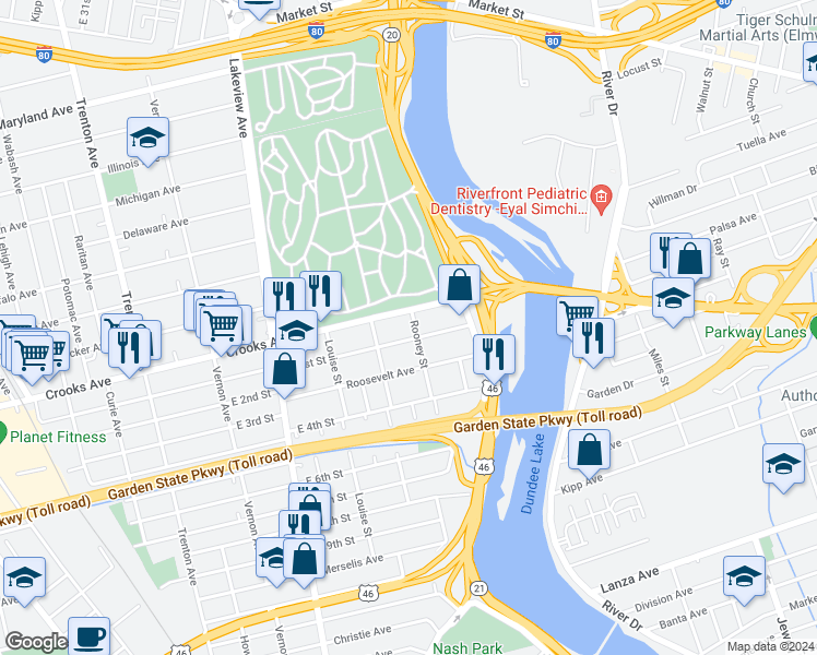 map of restaurants, bars, coffee shops, grocery stores, and more near 93 Crooks Avenue in Clifton