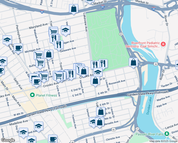 map of restaurants, bars, coffee shops, grocery stores, and more near 272 Lakeview Avenue in Paterson