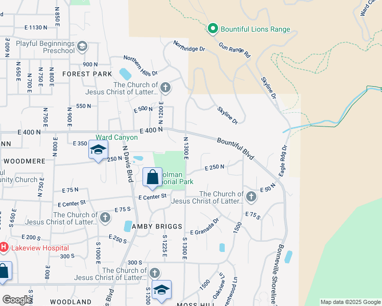 map of restaurants, bars, coffee shops, grocery stores, and more near 350 North 1300 East in Bountiful