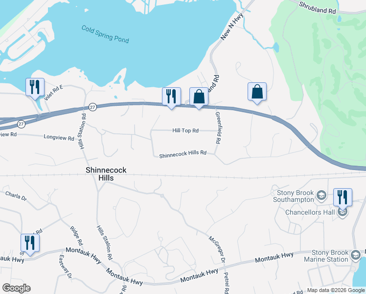 map of restaurants, bars, coffee shops, grocery stores, and more near 59 Shinnecock Hills Road in Southampton