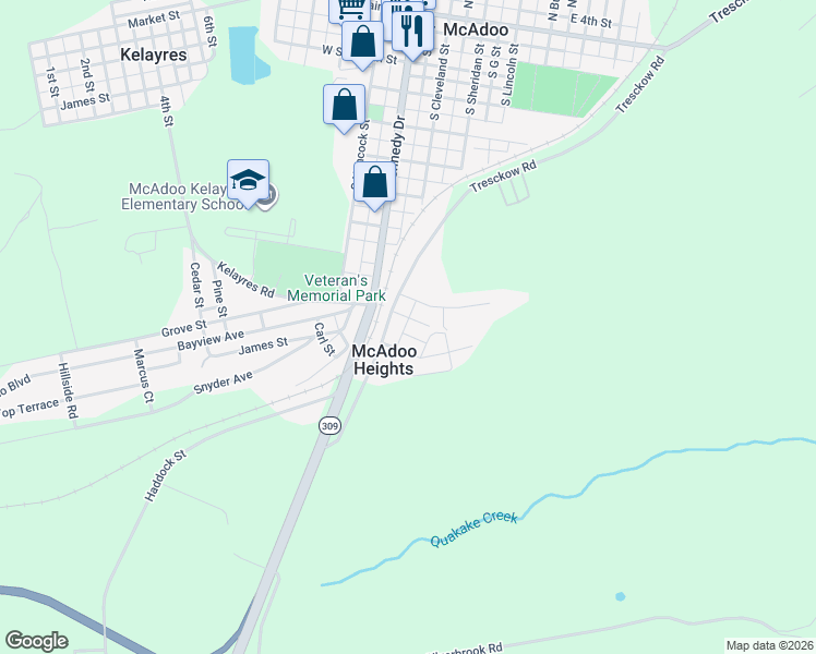 map of restaurants, bars, coffee shops, grocery stores, and more near 123 Tresckow Road in McAdoo