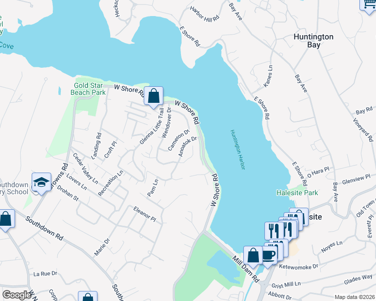 map of restaurants, bars, coffee shops, grocery stores, and more near 207 West Shore Road in Huntington