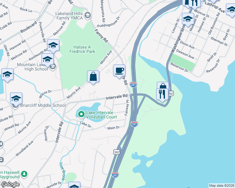 map of restaurants, bars, coffee shops, grocery stores, and more near 38 Intervale Road in Boonton
