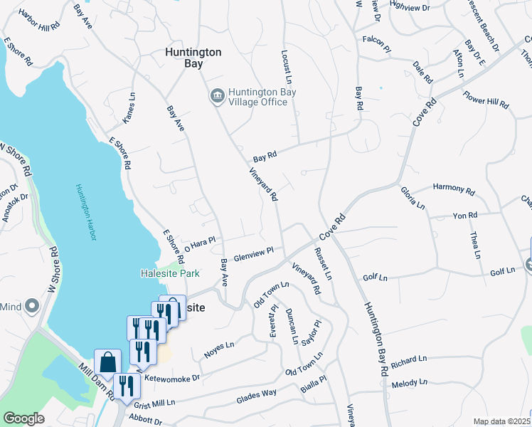 map of restaurants, bars, coffee shops, grocery stores, and more near 189 Vineyard Road in Halesite
