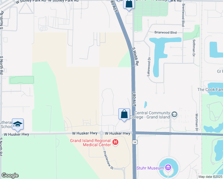 map of restaurants, bars, coffee shops, grocery stores, and more near 101 Lakeview Circle in Grand Island