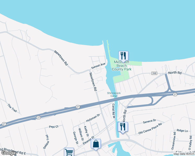 map of restaurants, bars, coffee shops, grocery stores, and more near Hubbard Street in Hampton Bays