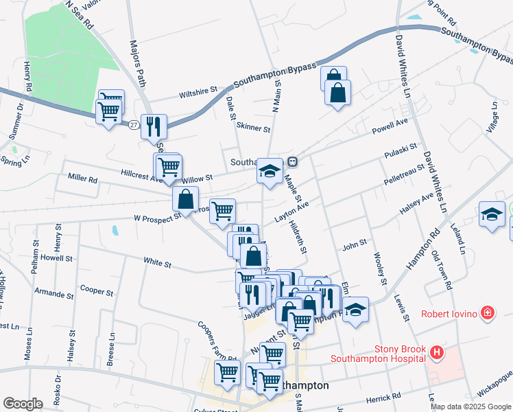 map of restaurants, bars, coffee shops, grocery stores, and more near 137 North Main Street in Southampton