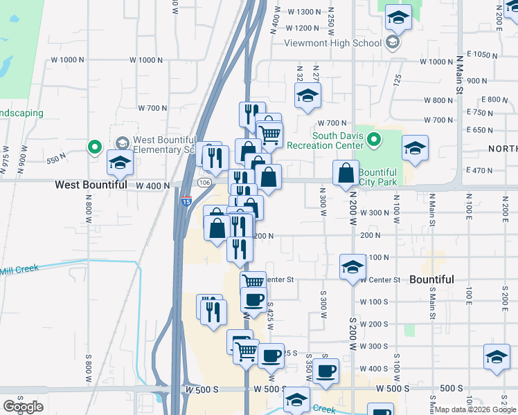 map of restaurants, bars, coffee shops, grocery stores, and more near 290 North 500 West in Bountiful