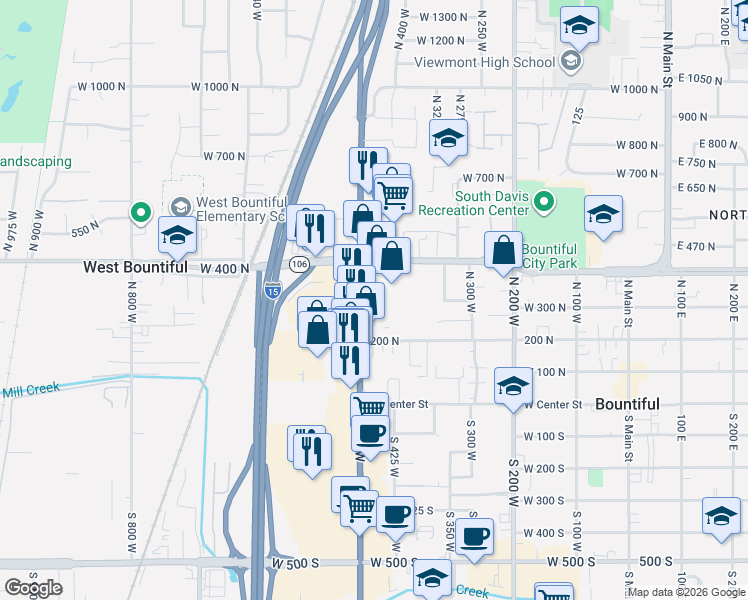 map of restaurants, bars, coffee shops, grocery stores, and more near 290 North 500 West in Bountiful