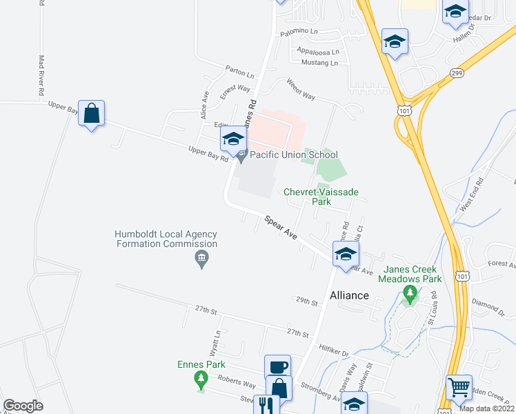 map of restaurants, bars, coffee shops, grocery stores, and more near 3650 Spear Avenue in Arcata