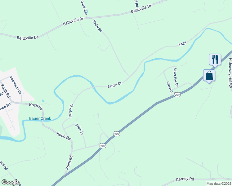 map of restaurants, bars, coffee shops, grocery stores, and more near 304 Whitey B Drive in Kunkletown