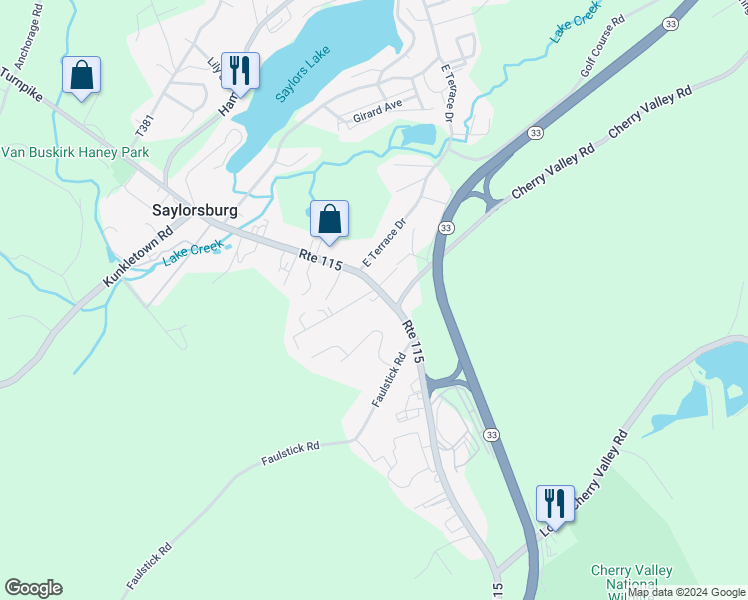 map of restaurants, bars, coffee shops, grocery stores, and more near 741 Route 115 in Saylorsburg