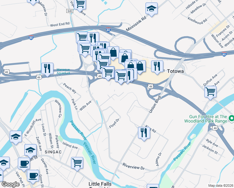 map of restaurants, bars, coffee shops, grocery stores, and more near 4 Tow Path Crescent in Totowa