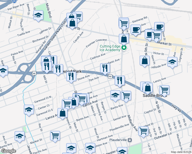 map of restaurants, bars, coffee shops, grocery stores, and more near 2 Henry Street in Elmwood Park