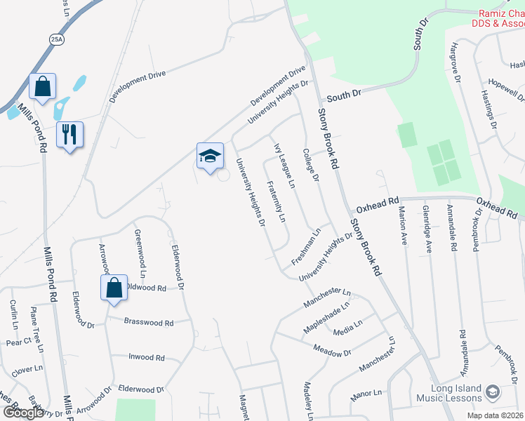 map of restaurants, bars, coffee shops, grocery stores, and more near 16 Fraternity Lane in Stony Brook