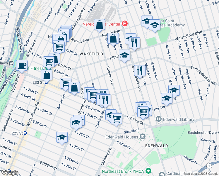 map of restaurants, bars, coffee shops, grocery stores, and more near 4131 Bruner Avenue in Bronx