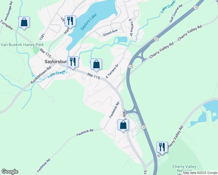 map of restaurants, bars, coffee shops, grocery stores, and more near 741 Route 115 in Saylorsburg