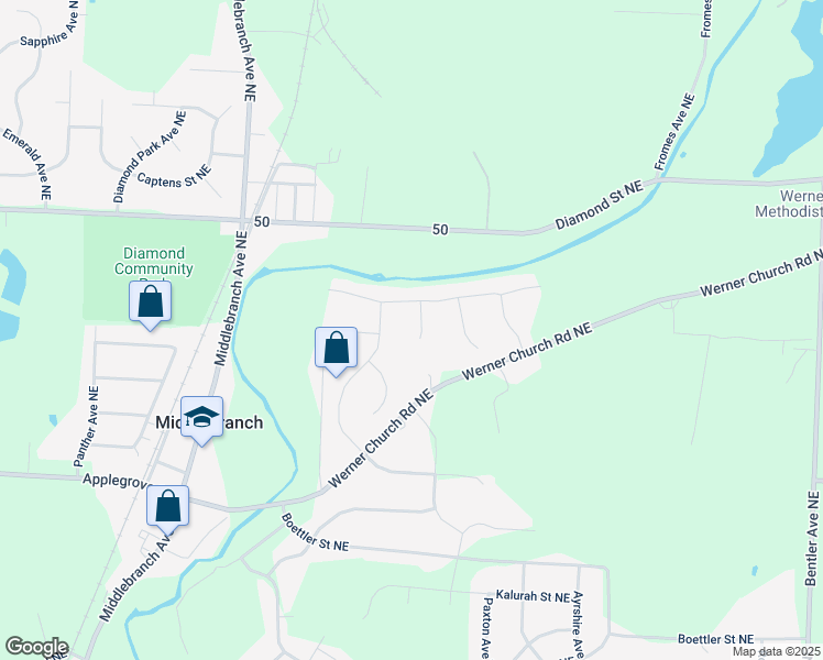 map of restaurants, bars, coffee shops, grocery stores, and more near 7856 Knollridge Avenue Northeast in Canton