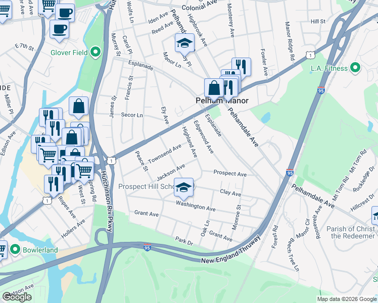 map of restaurants, bars, coffee shops, grocery stores, and more near 216 Townsend Avenue in Pelham Manor