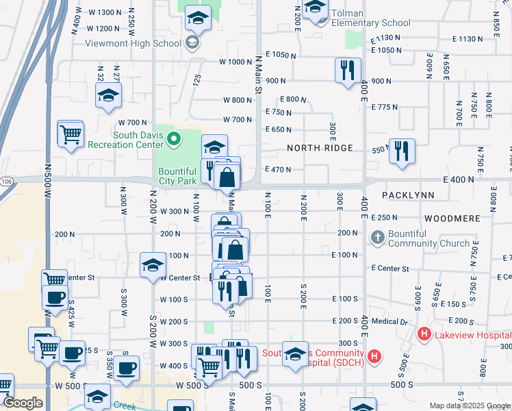 map of restaurants, bars, coffee shops, grocery stores, and more near 321 North 100 West in Bountiful