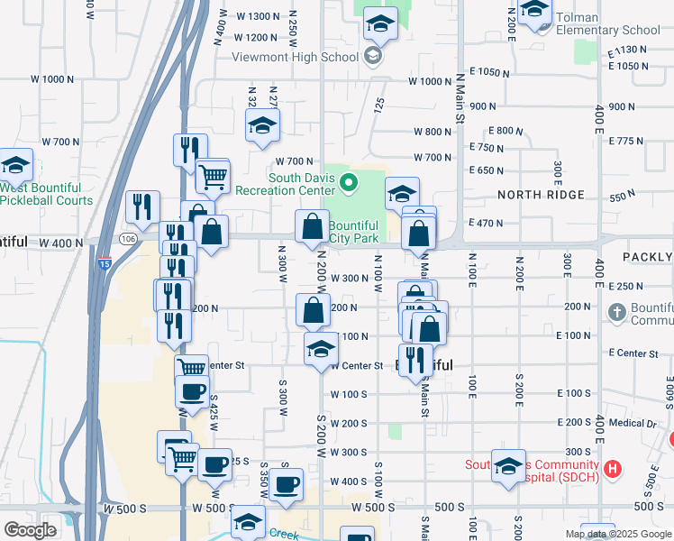 map of restaurants, bars, coffee shops, grocery stores, and more near 182 West 300 North in Bountiful
