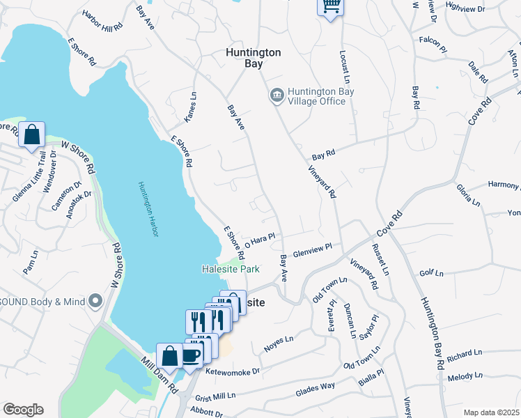 map of restaurants, bars, coffee shops, grocery stores, and more near 69G Bay Avenue in Halesite