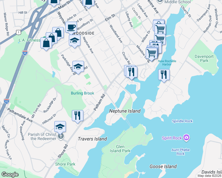 map of restaurants, bars, coffee shops, grocery stores, and more near in New Rochelle