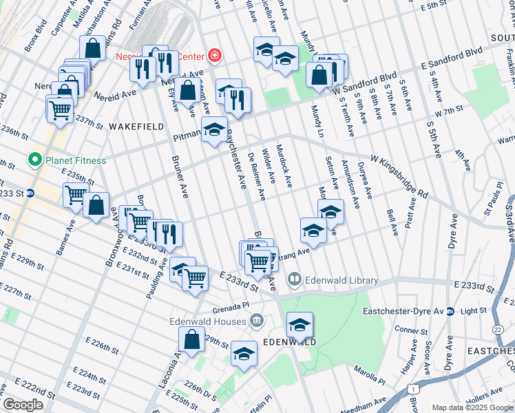 map of restaurants, bars, coffee shops, grocery stores, and more near 4100 Baychester Avenue in Bronx