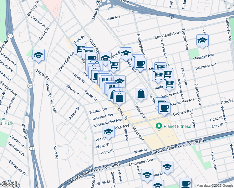 map of restaurants, bars, coffee shops, grocery stores, and more near 11 Michigan Avenue in Paterson