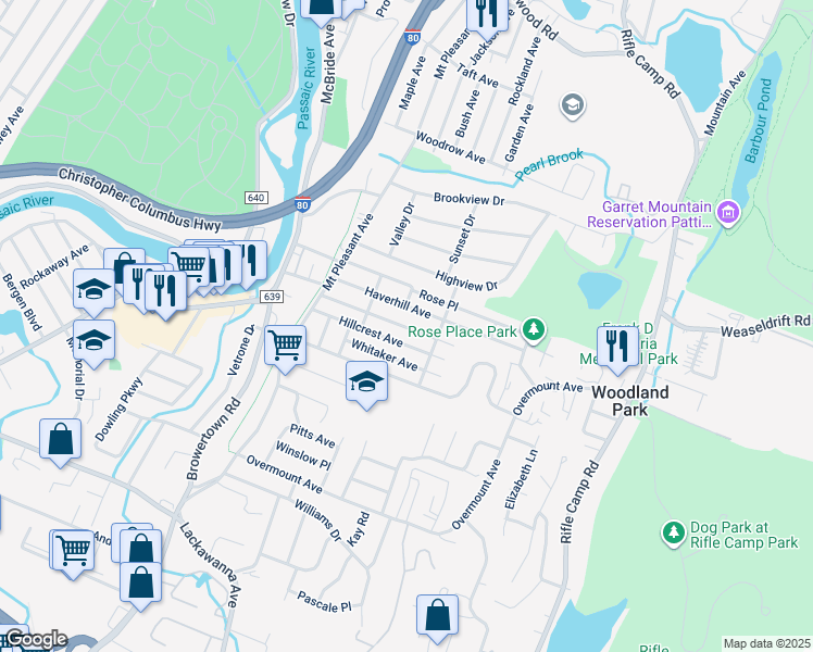 map of restaurants, bars, coffee shops, grocery stores, and more near 85 Haverhill Avenue in Woodland Park