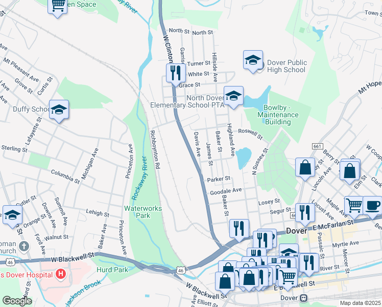 map of restaurants, bars, coffee shops, grocery stores, and more near 253 West Clinton Street in Dover