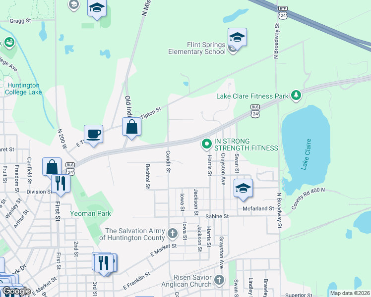 map of restaurants, bars, coffee shops, grocery stores, and more near 2010 Old U.S. 24 in Huntington