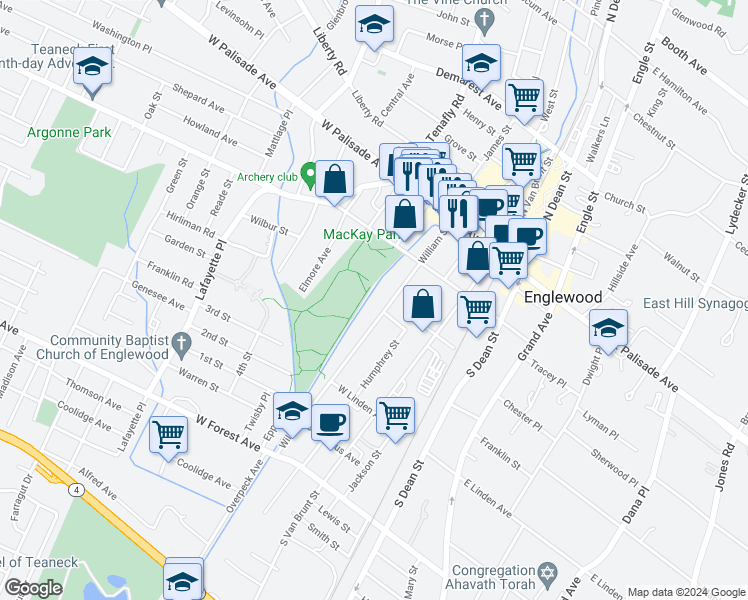 map of restaurants, bars, coffee shops, grocery stores, and more near 80 William Street in Englewood