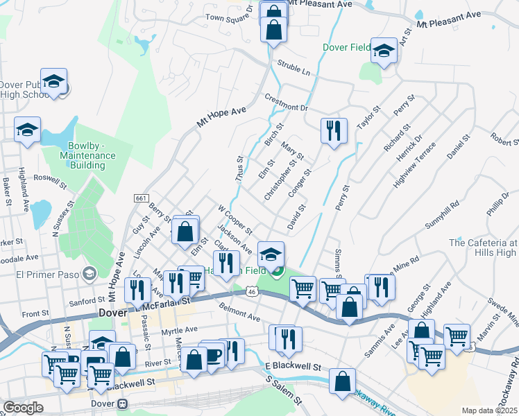 map of restaurants, bars, coffee shops, grocery stores, and more near 20 Titus Street in Dover