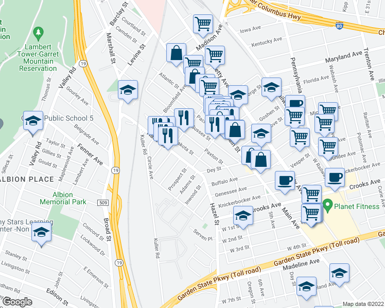 map of restaurants, bars, coffee shops, grocery stores, and more near 351 Dakota Street in Paterson