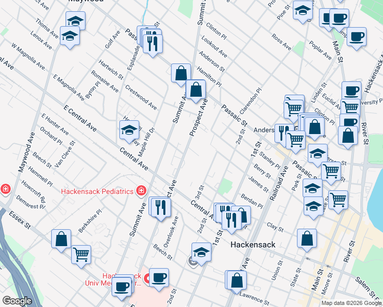 map of restaurants, bars, coffee shops, grocery stores, and more near 300 Prospect Avenue in Hackensack