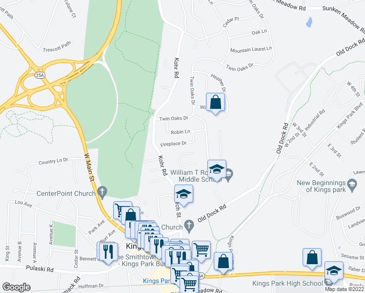 map of restaurants, bars, coffee shops, grocery stores, and more near 15 Fireplace Drive in Kings Park