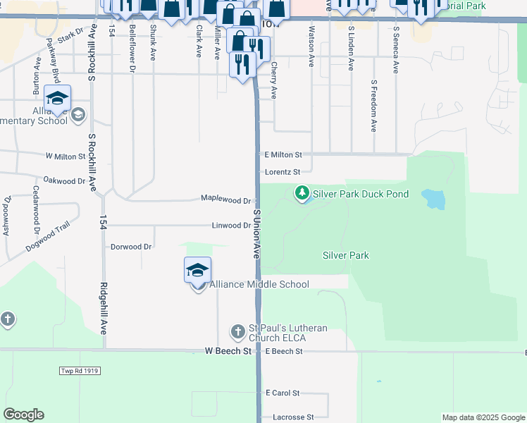 map of restaurants, bars, coffee shops, grocery stores, and more near 2930 South Union Avenue in Alliance