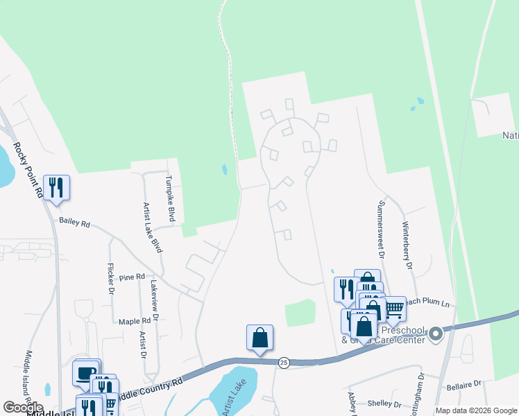 map of restaurants, bars, coffee shops, grocery stores, and more near 29 Briar Hill Court in Middle Island