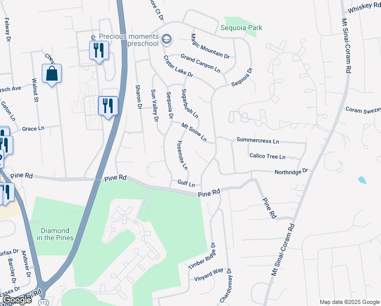 map of restaurants, bars, coffee shops, grocery stores, and more near 10 Tahoe Court in Coram